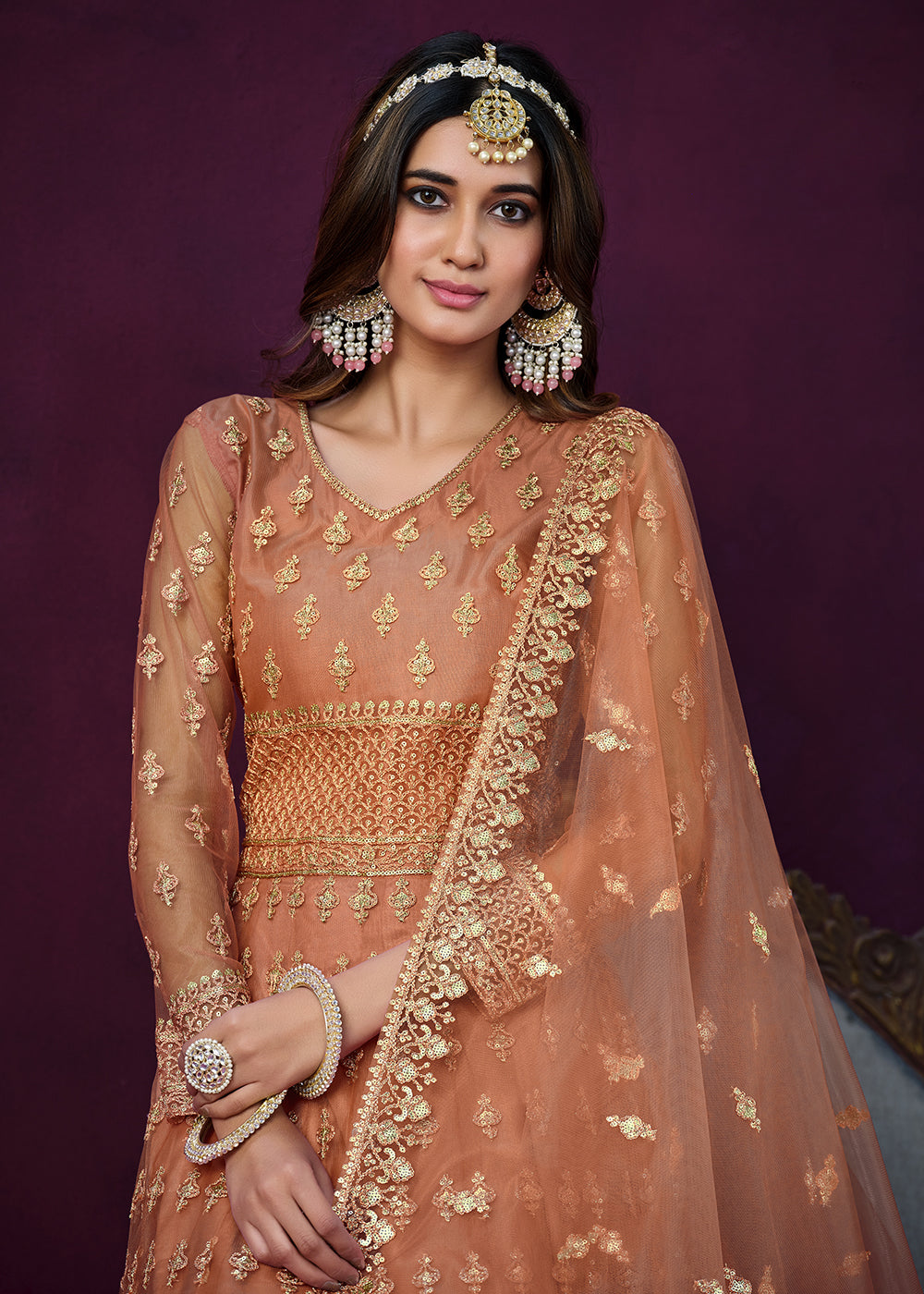 Buy Now Floor Length Brown Sequins Embroidered Wedding Anarkali Suit Online in USA, UK, Australia, New Zealand, Canada & Worldwide at Empress Clothing. 