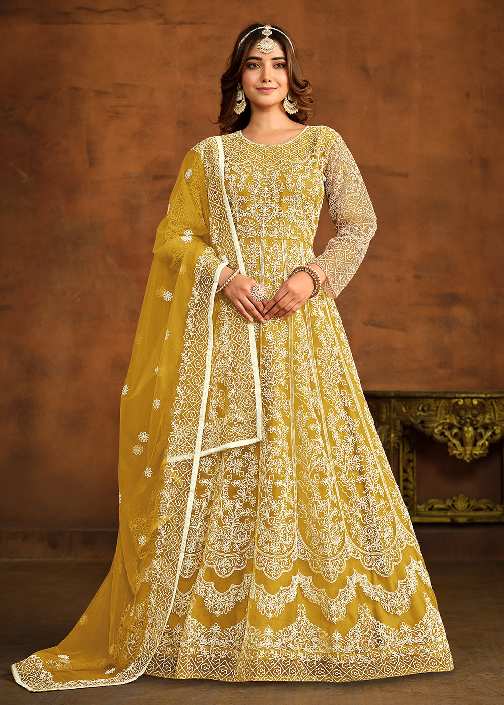 Buy Now Yellow All Over Embroidered Net Wedding Anarkali Suit Online in USA, UK, Australia, New Zealand, Canada & Worldwide at Empress Clothing.