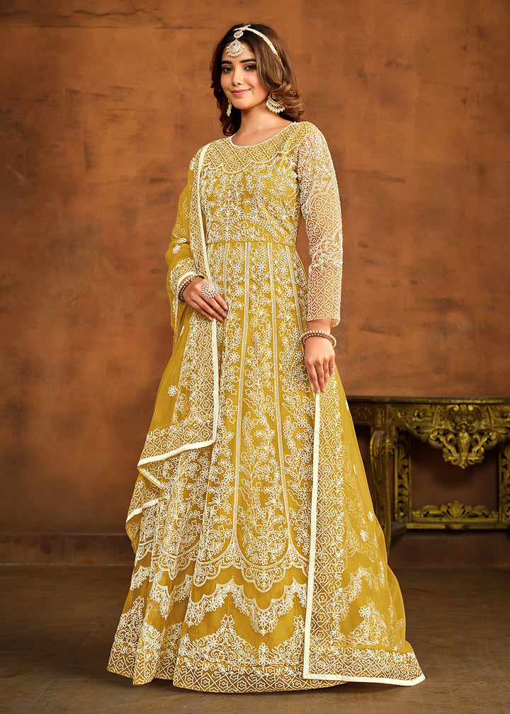 Buy Now Yellow All Over Embroidered Net Wedding Anarkali Suit Online in USA, UK, Australia, New Zealand, Canada & Worldwide at Empress Clothing.