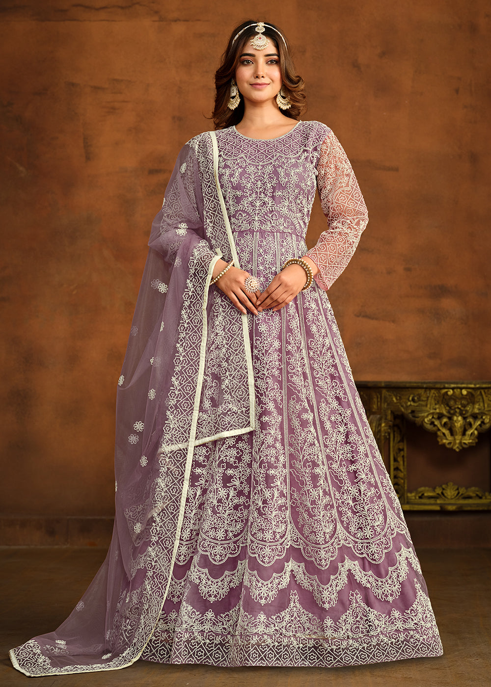 Buy Now Purple All Over Embroidered Net Wedding Anarkali Suit Online in USA, UK, Australia, New Zealand, Canada & Worldwide at Empress Clothing.