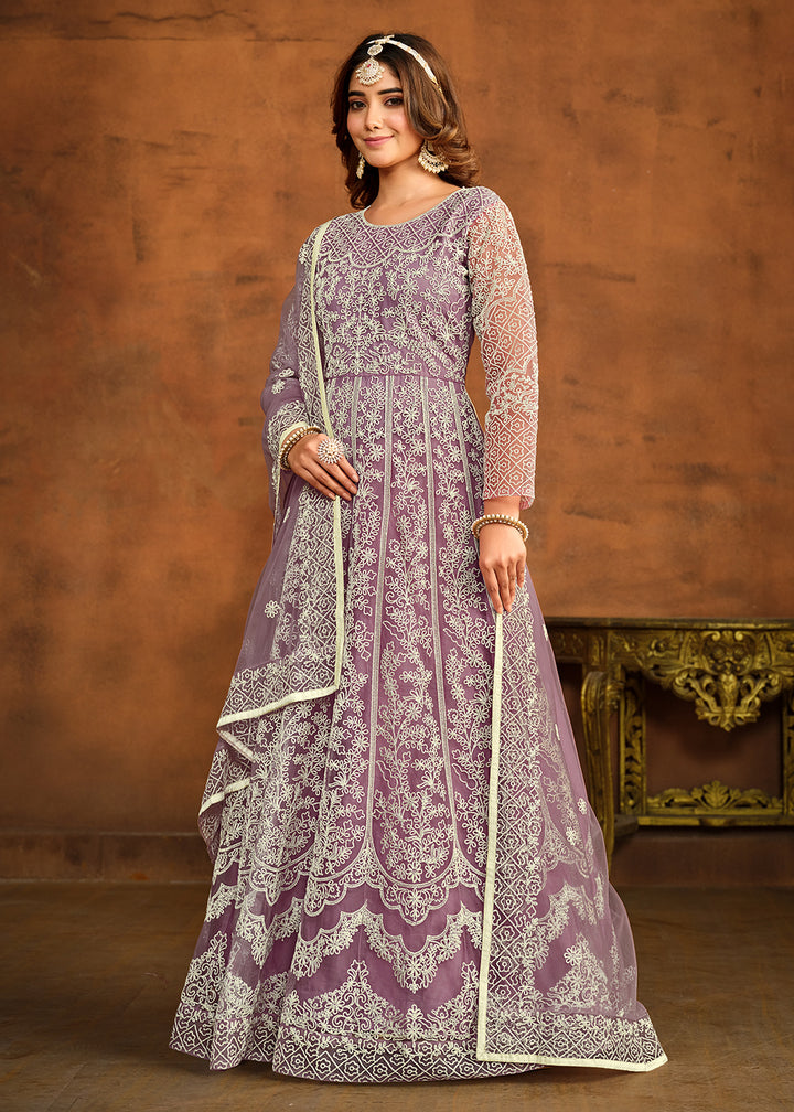 Buy Now Purple All Over Embroidered Net Wedding Anarkali Suit Online in USA, UK, Australia, New Zealand, Canada & Worldwide at Empress Clothing.