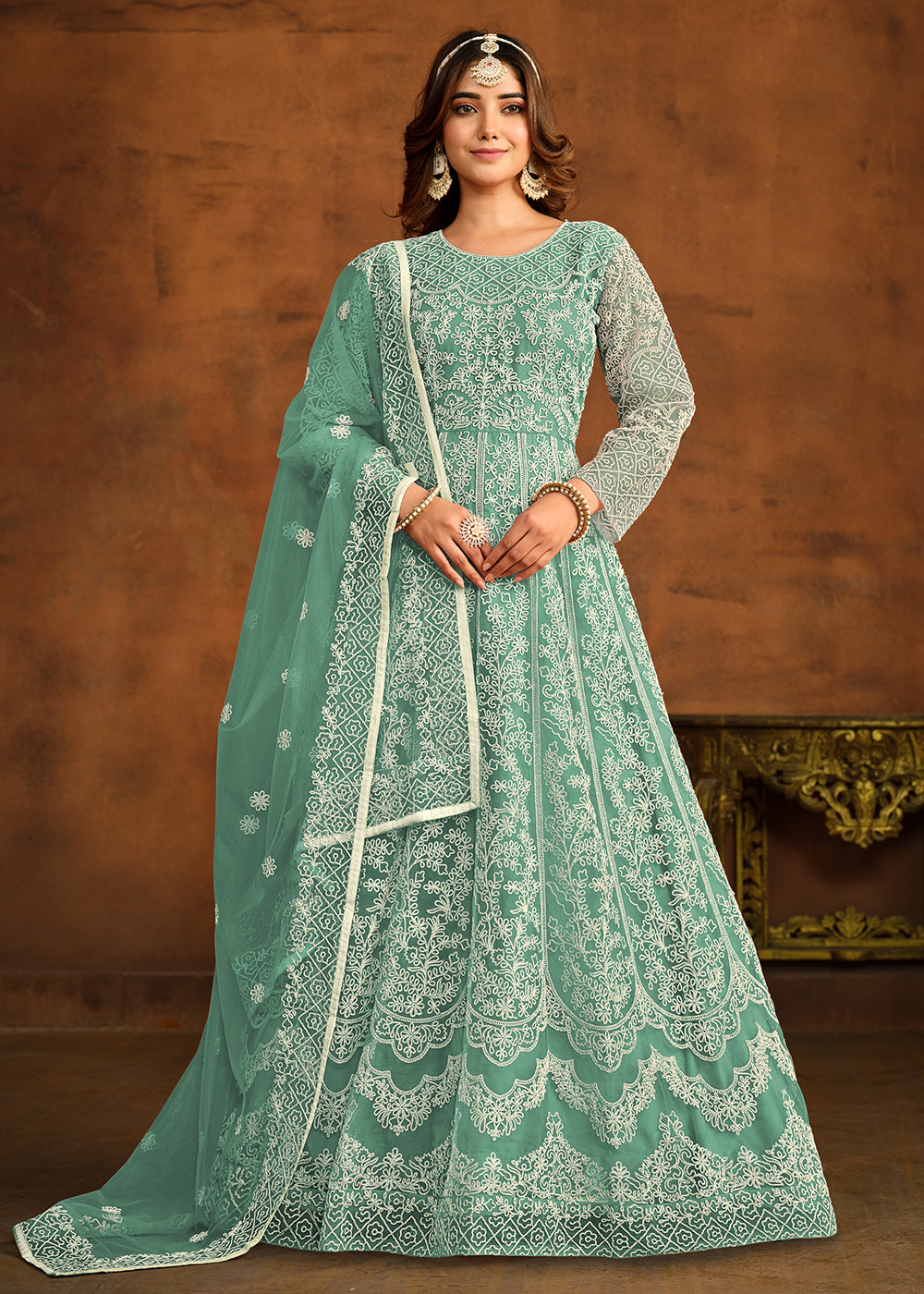 Buy Now Green All Over Embroidered Net Wedding Anarkali Suit Online in USA, UK, Australia, New Zealand, Canada & Worldwide at Empress Clothing. 