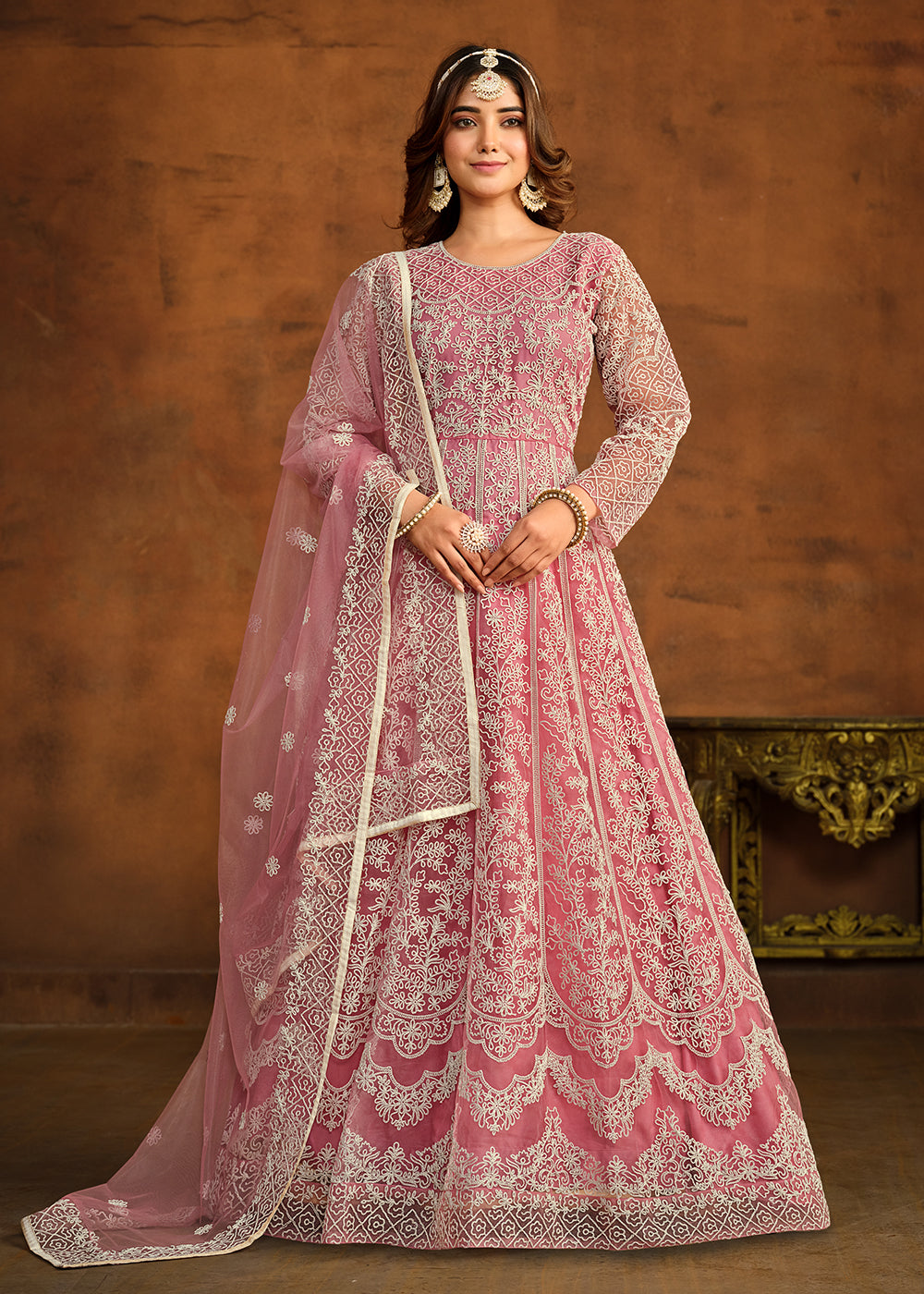 Buy Now Pink All Over Embroidered Net Wedding Anarkali Suit Online in USA, UK, Australia, New Zealand, Canada & Worldwide at Empress Clothing. 