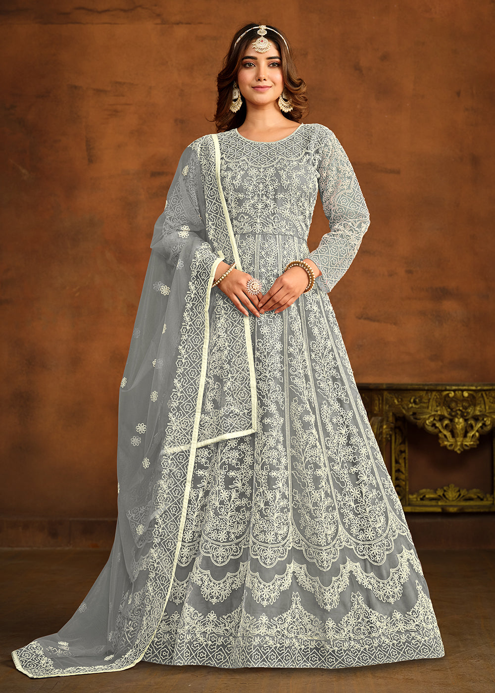 Buy Now Grey All Over Embroidered Net Wedding Anarkali Suit Online in USA, UK, Australia, New Zealand, Canada & Worldwide at Empress Clothing. 