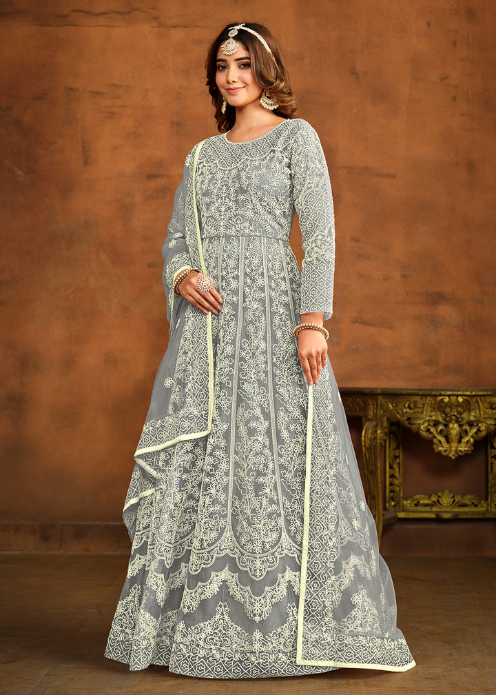 Buy Now Grey All Over Embroidered Net Wedding Anarkali Suit Online in USA, UK, Australia, New Zealand, Canada & Worldwide at Empress Clothing. 