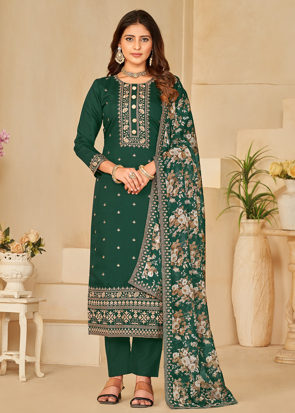 Buy Now Pant Style Green Silk Embroidered Ethnic Salwar Kameez Online in USA, UK, Canada, Germany, Australia & Worldwide at Empress Clothing. 