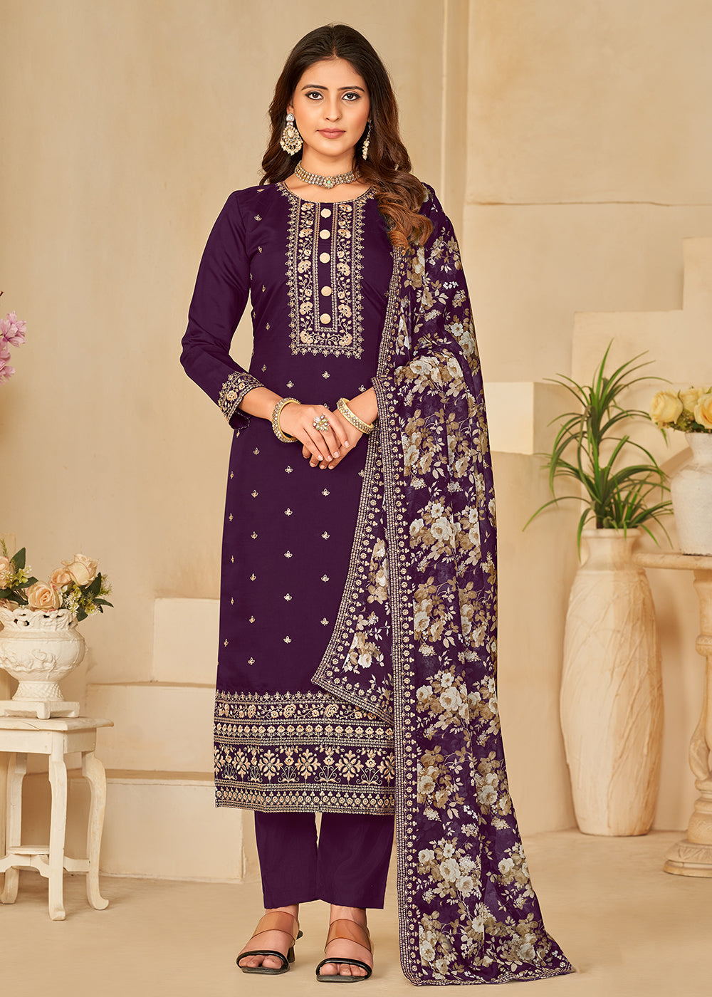 Buy Now Pant Style Purple Silk Embroidered Ethnic Salwar Kameez Online in USA, UK, Canada, Germany, Australia & Worldwide at Empress Clothing. 