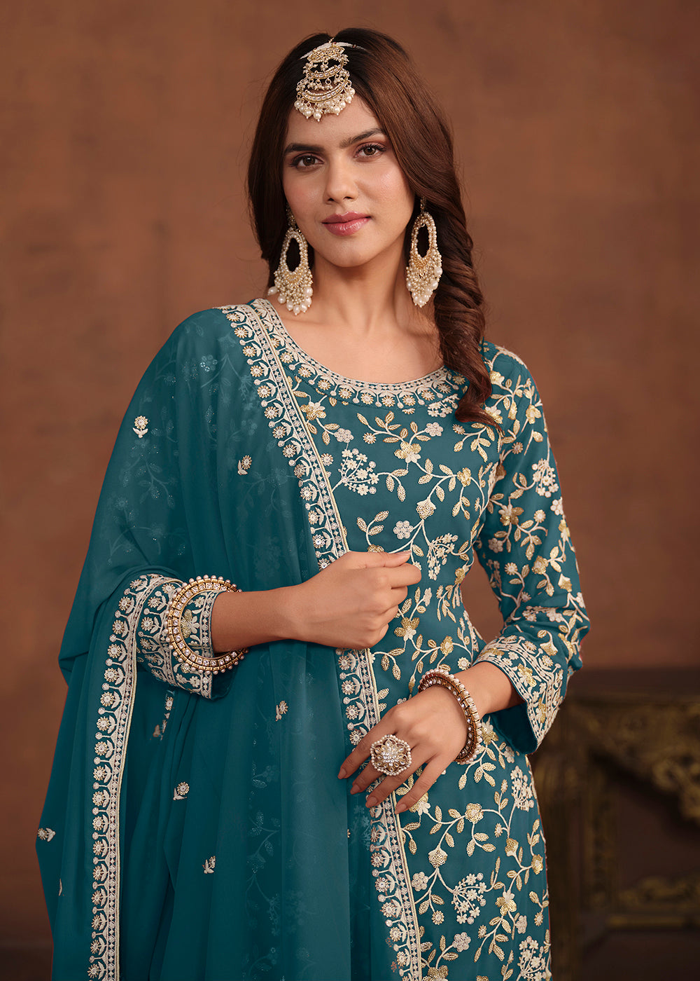 Buy Now Faux Georgette Teal Blue Embroidered Festive Salwar Suit Online in USA, UK, Canada, Germany, Australia & Worldwide at Empress Clothing. 