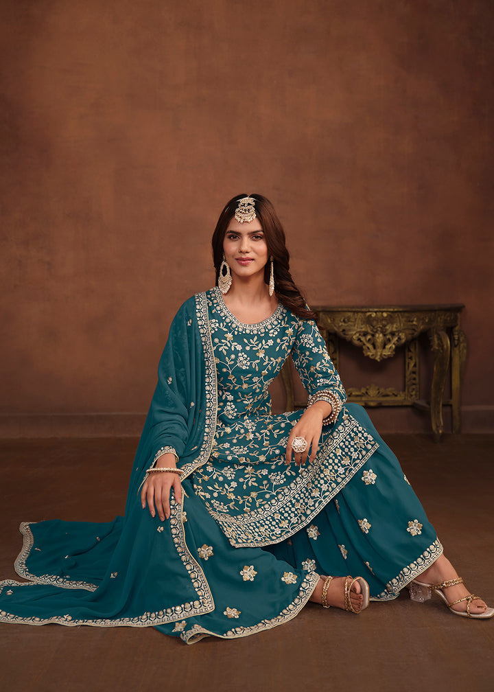 Buy Now Faux Georgette Teal Blue Embroidered Festive Salwar Suit Online in USA, UK, Canada, Germany, Australia & Worldwide at Empress Clothing. 