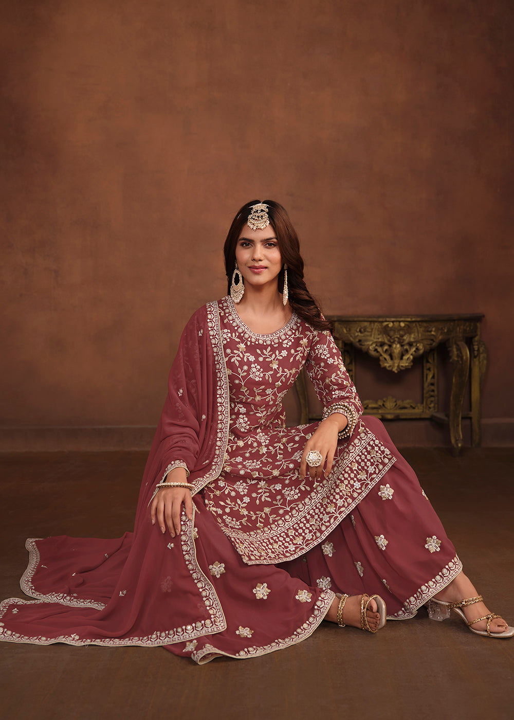 Buy Now Faux Georgette Taupe Mauve Embroidered Festive Salwar Suit Online in USA, UK, Canada, Germany, Australia & Worldwide at Empress Clothing.
