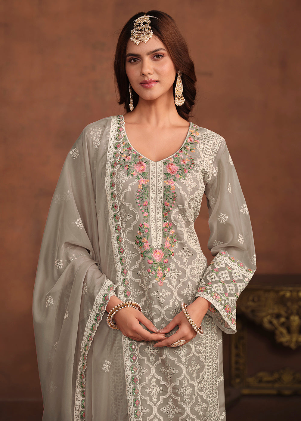 Buy Now Slate Grey Soft Organza Embroidered Festive Salwar Suit Online in USA, UK, Canada, Germany, Australia & Worldwide at Empress Clothing.