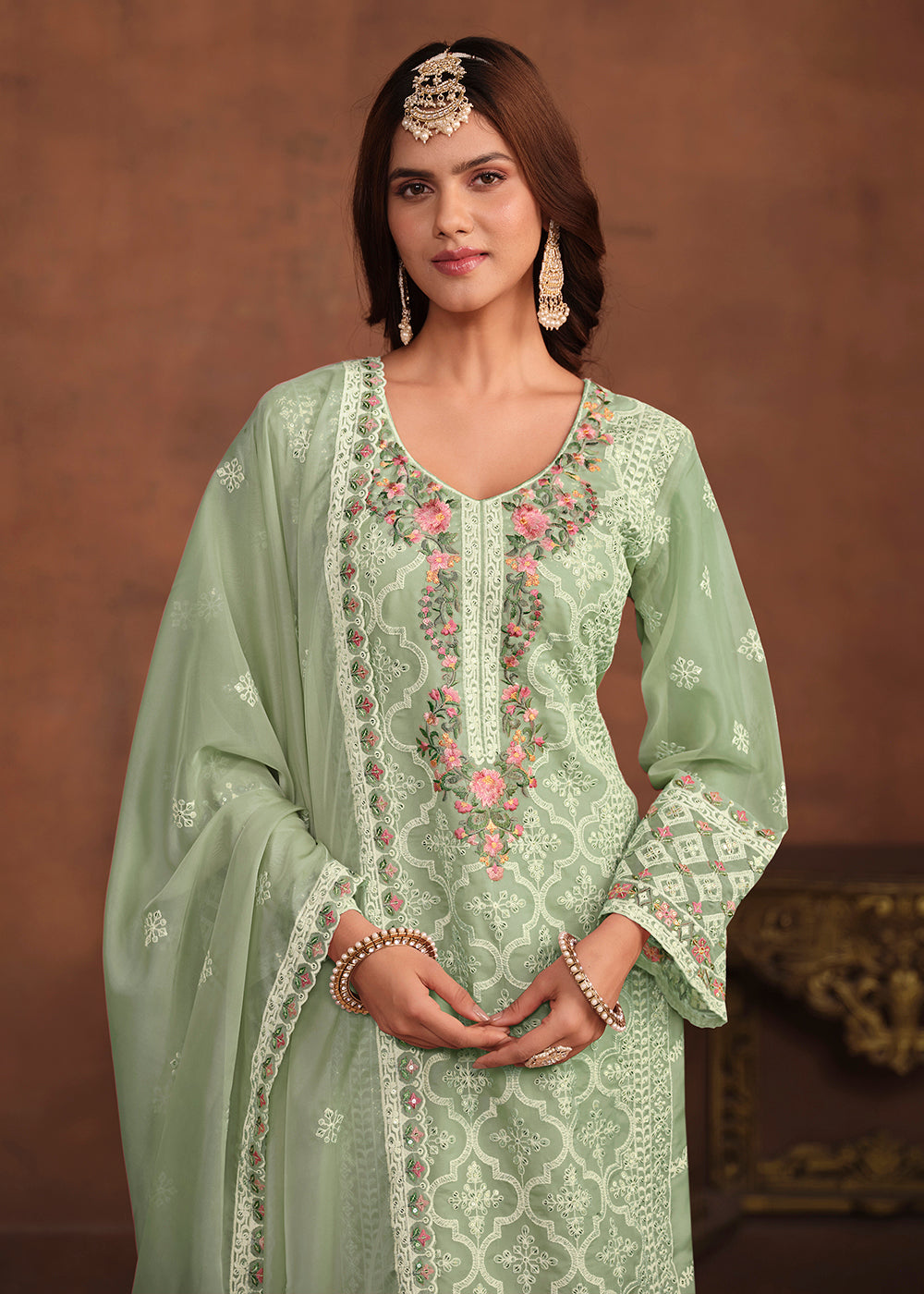 Buy Now Mint Green Soft Organza Embroidered Festive Salwar Suit Online in USA, UK, Canada, Germany, Australia & Worldwide at Empress Clothing. 