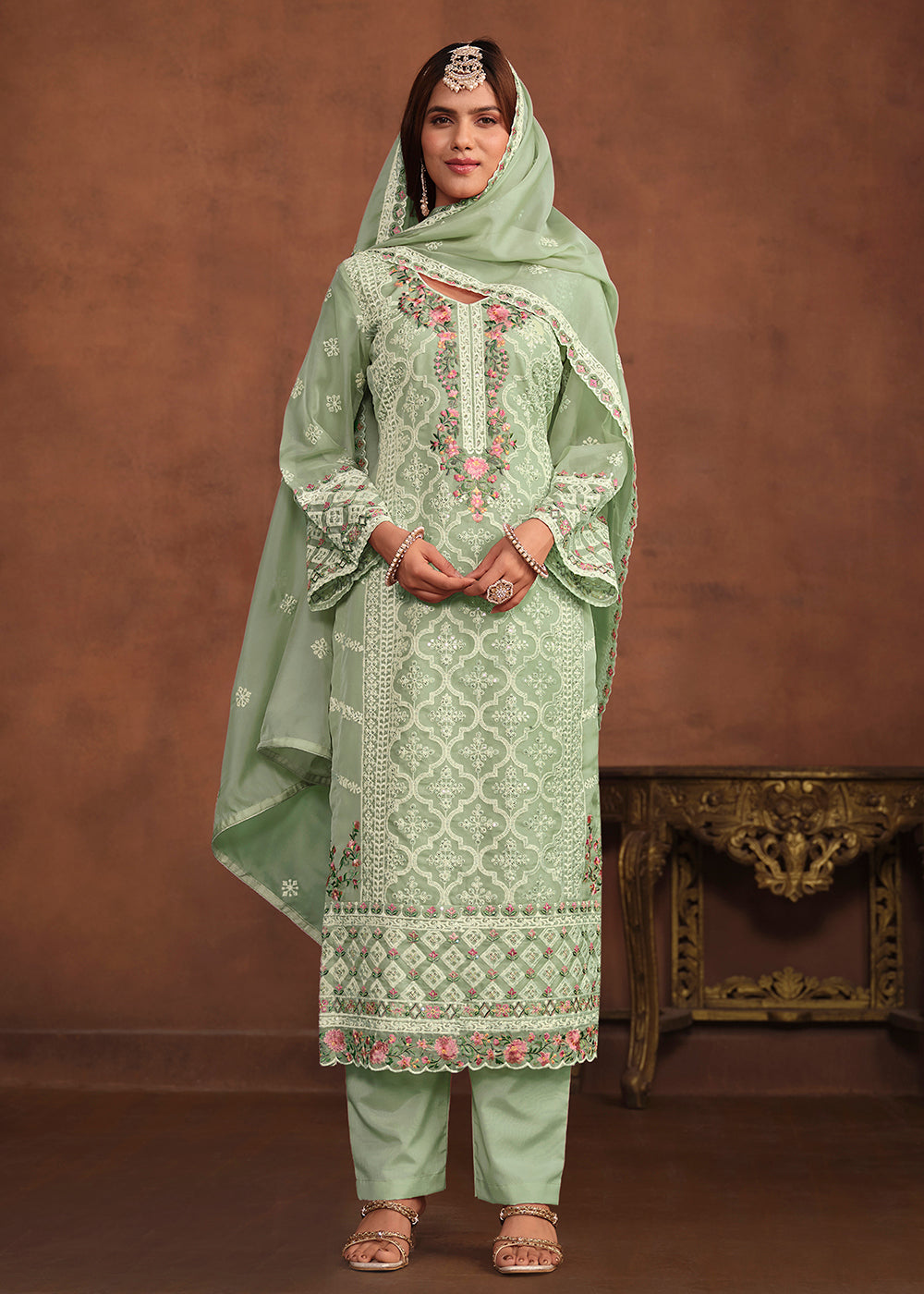 Festive Salwar Suit - Mint Green Soft Organza Embroidered Salwar Suit Empress Clothing Festive Salwar Suit - Mint Green Soft Organza Embroidered Salwar Suit Empress Clothing