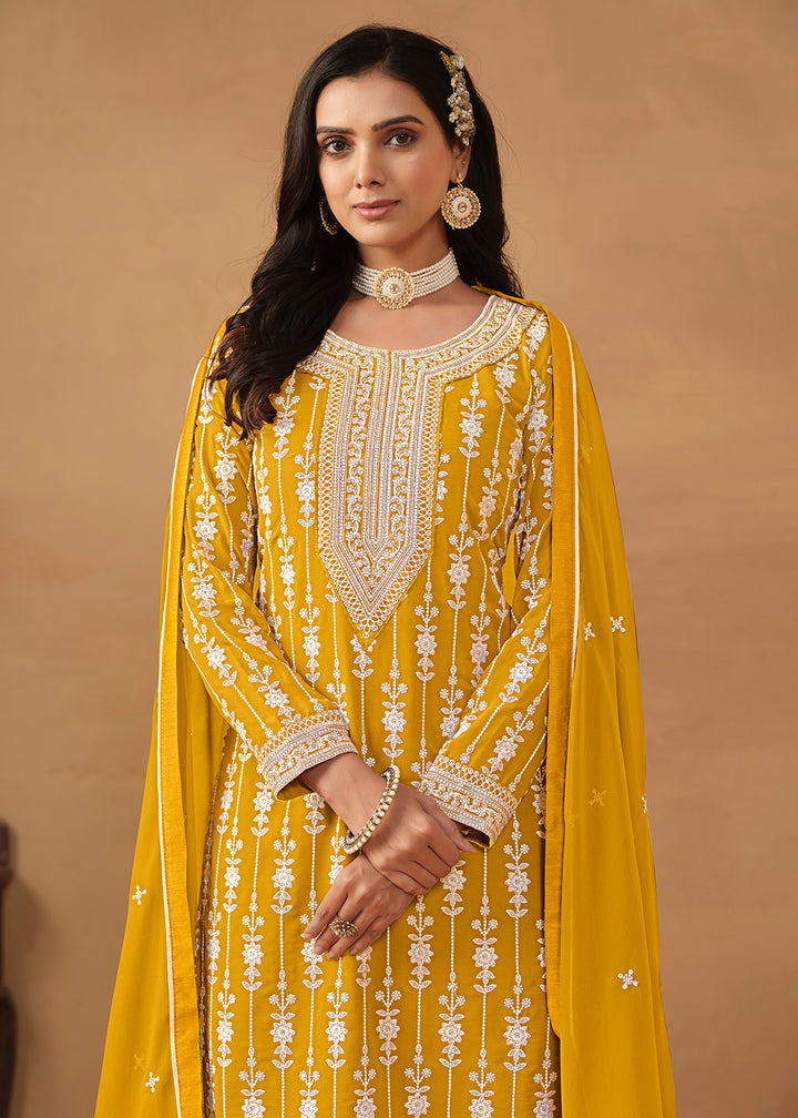Shop Now Radiant Yellow Embroidered Wedding Festive Gharara Suit Online at Empress Clothing in USA, UK, Canada, Italy & Worldwide.