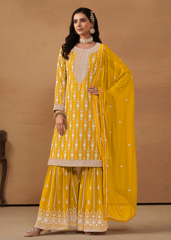 Shop Now Radiant Yellow Embroidered Wedding Festive Gharara Suit Online at Empress Clothing in USA, UK, Canada, Italy & Worldwide.
