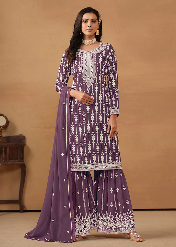 Shop Now Radiant Purple Embroidered Wedding Festive Gharara Suit Online at Empress Clothing in USA, UK, Canada, Italy & Worldwide. 