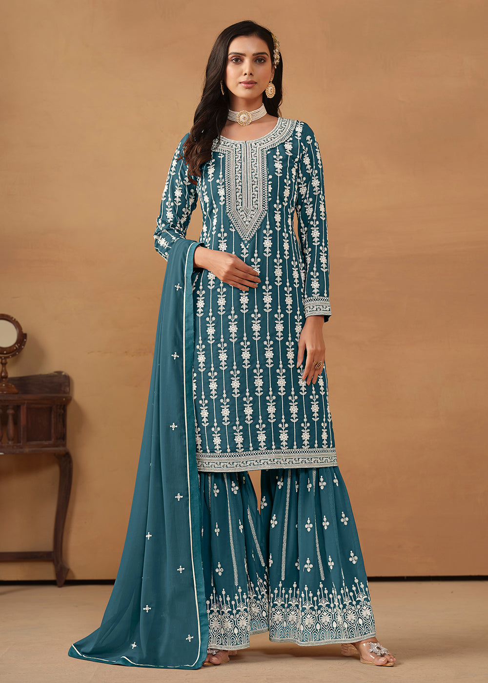 Shop Now Radiant Teal Embroidered Wedding Festive Gharara Suit Online at Empress Clothing in USA, UK, Canada, Italy & Worldwide. 