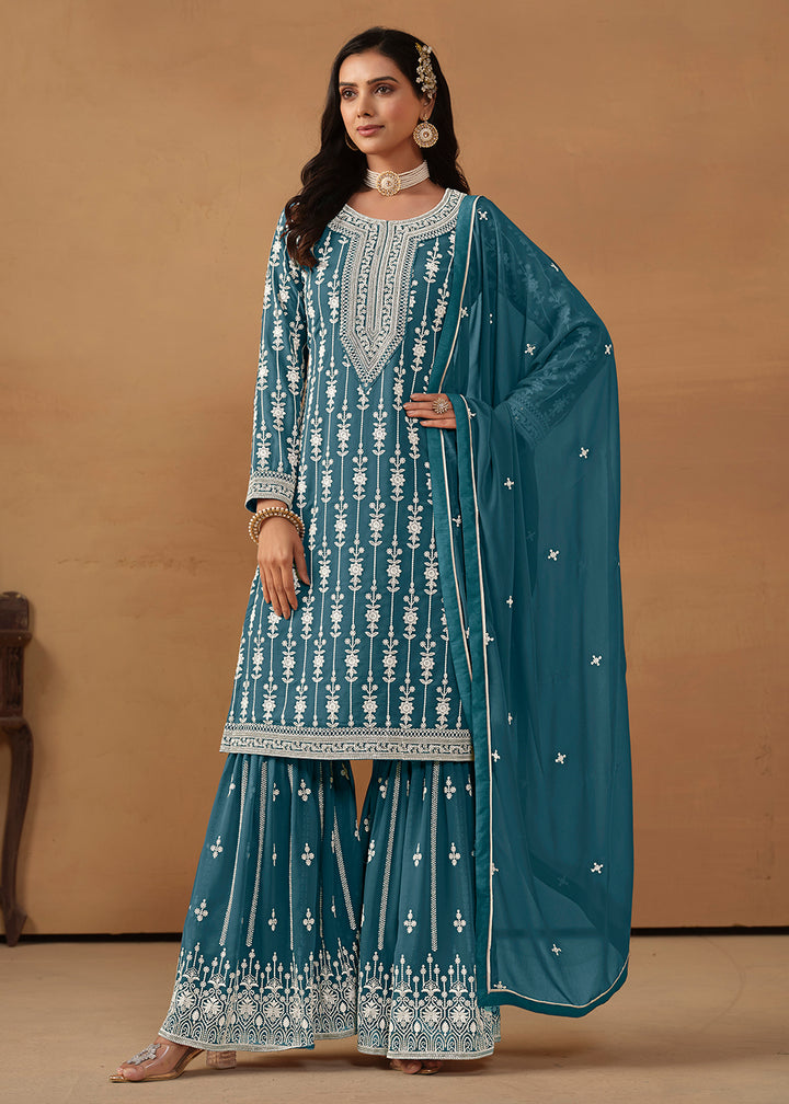 Shop Now Radiant Teal Embroidered Wedding Festive Gharara Suit Online at Empress Clothing in USA, UK, Canada, Italy & Worldwide. 
