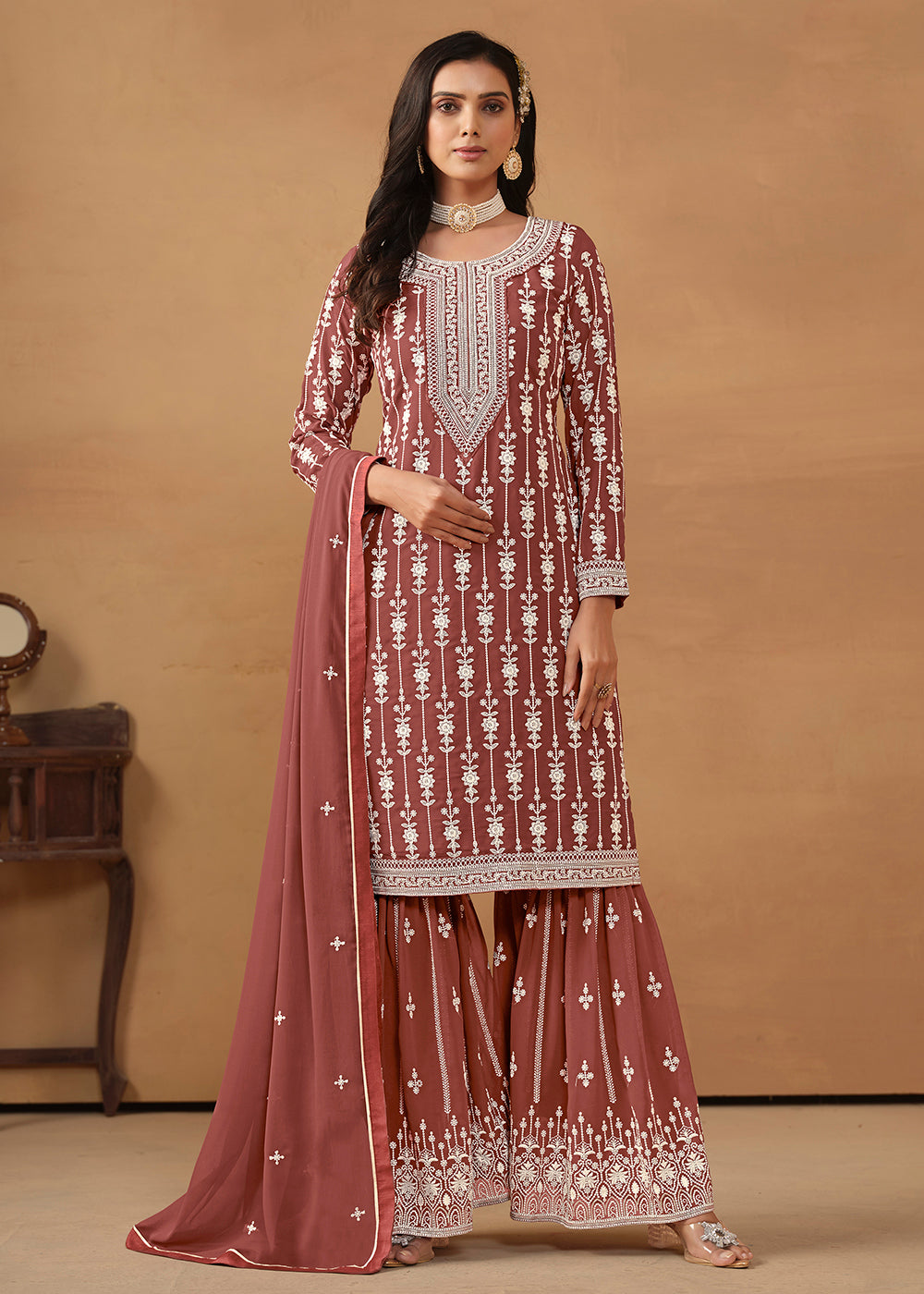 Shop Now Radiant Brown Embroidered Wedding Festive Gharara Suit Online at Empress Clothing in USA, UK, Canada, Italy & Worldwide. 