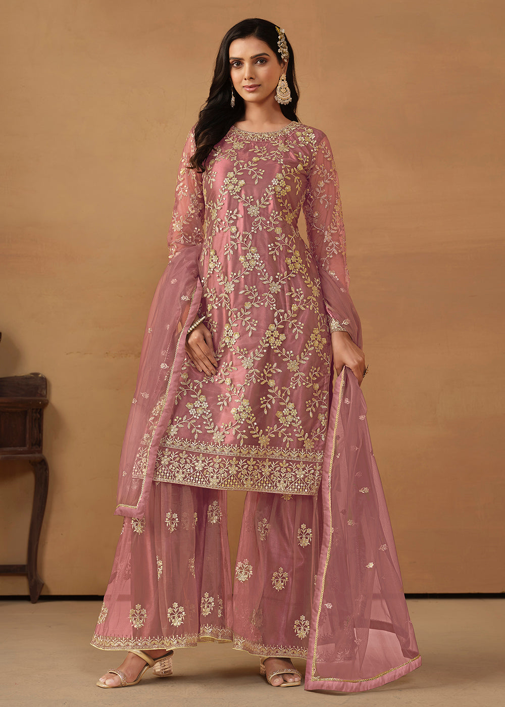 Shop Now Old Rose Net Embroidered Wedding Festive Gharara Suit Online at Empress Clothing in USA, UK, Canada, Italy & Worldwide.'