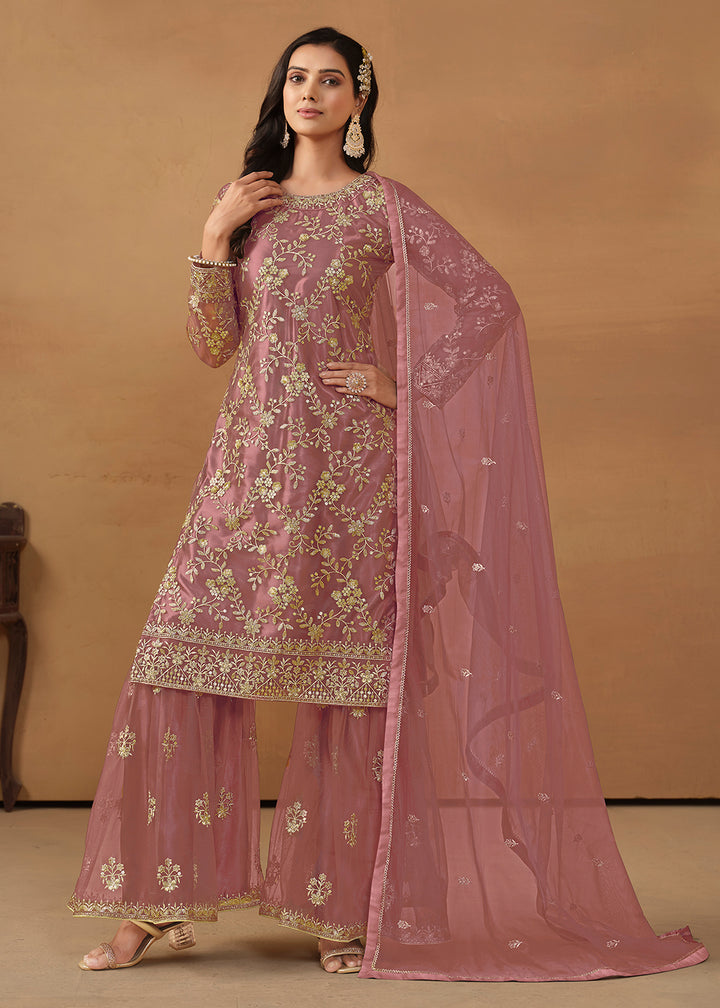 Shop Now Old Rose Net Embroidered Wedding Festive Gharara Suit Online at Empress Clothing in USA, UK, Canada, Italy & Worldwide.
