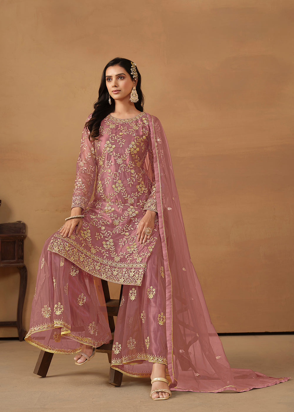 Shop Now Old Rose Net Embroidered Wedding Festive Gharara Suit Online at Empress Clothing in USA, UK, Canada, Italy & Worldwide.