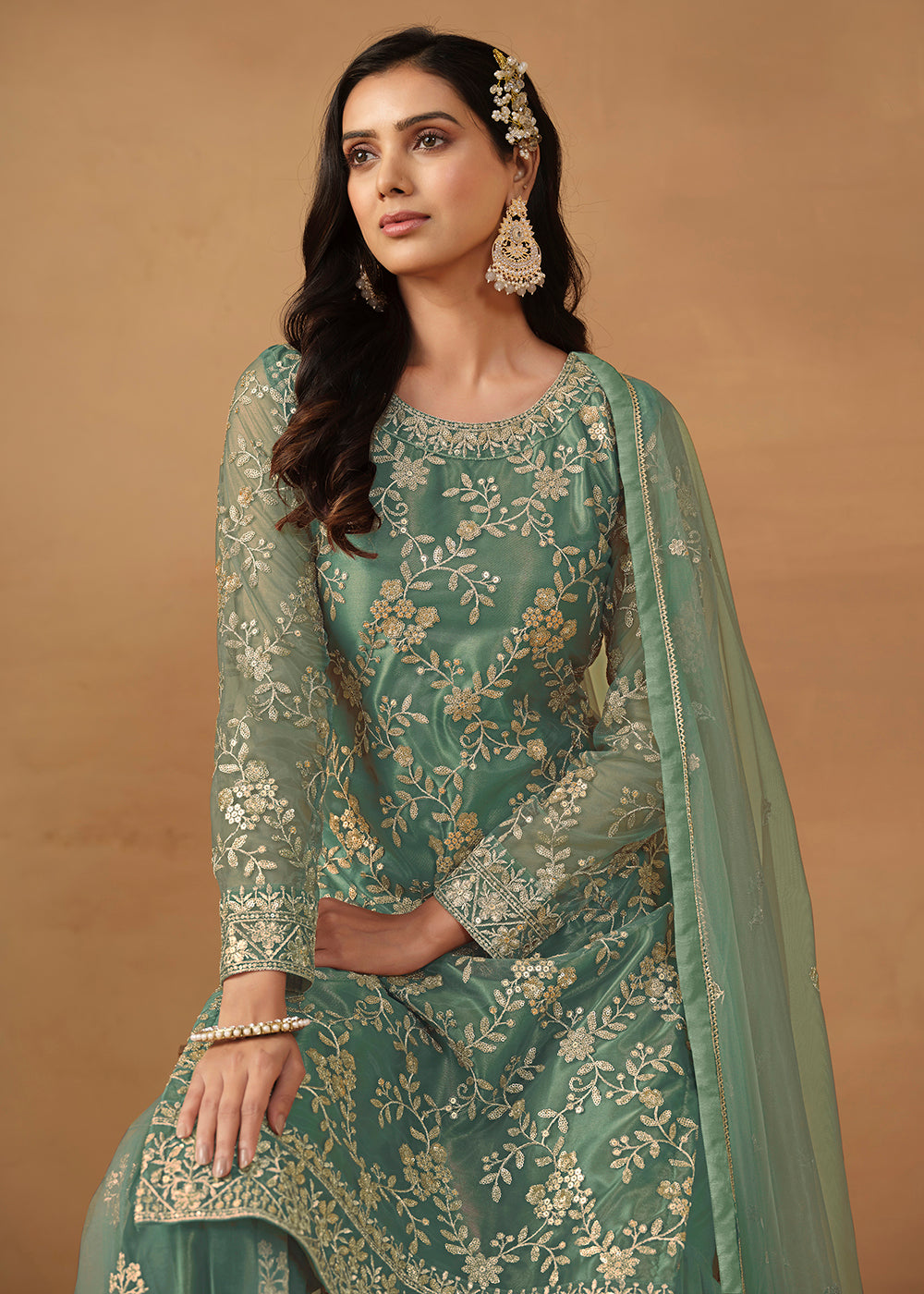 Shop Now Sea Green Net Embroidered Wedding Festive Gharara Suit Online at Empress Clothing in USA, UK, Canada, Italy & Worldwide.