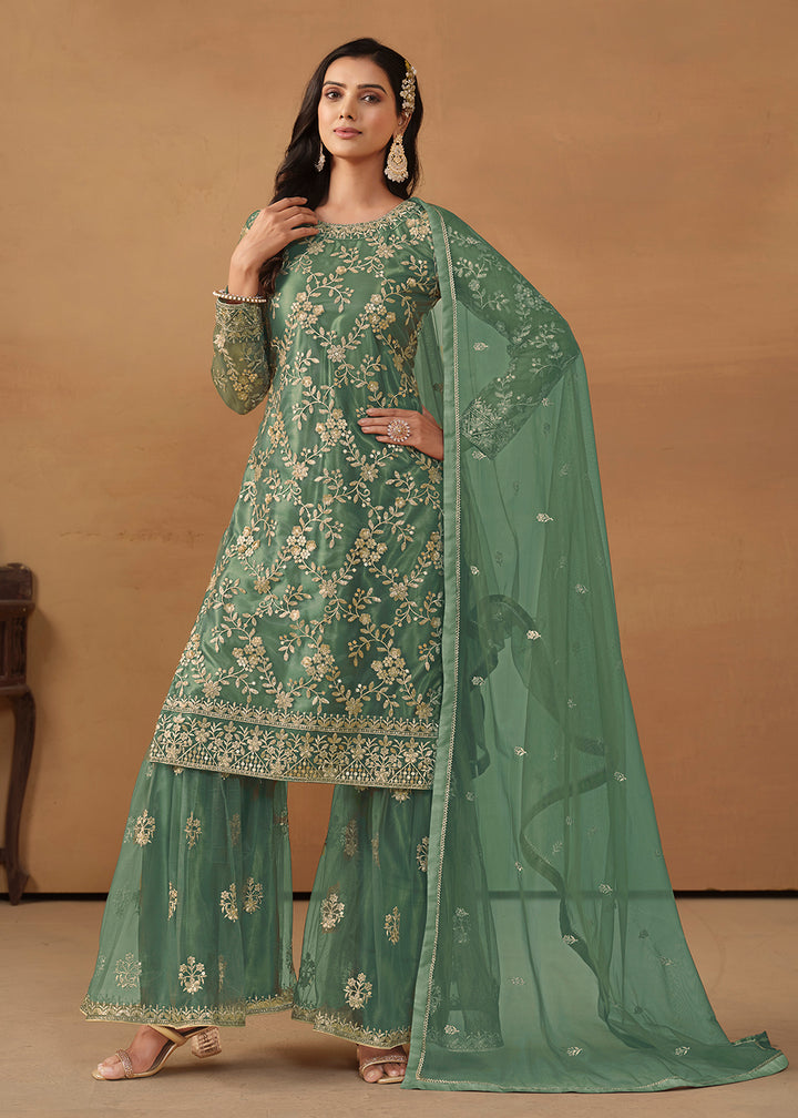 Shop Now Sea Green Net Embroidered Wedding Festive Gharara Suit Online at Empress Clothing in USA, UK, Canada, Italy & Worldwide.