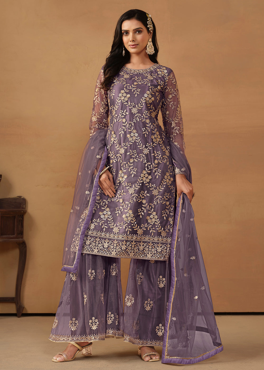 Shop Now Dusty Purple Net Embroidered Wedding Festive Gharara Suit Online at Empress Clothing in USA, UK, Canada, Italy & Worldwide.
