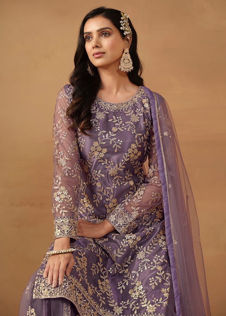 Shop Now Dusty Purple Net Embroidered Wedding Festive Gharara Suit Online at Empress Clothing in USA, UK, Canada, Italy & Worldwide.