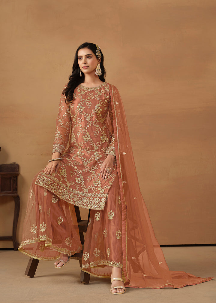 Shop Now Tangy Brown Net Embroidered Wedding Festive Gharara Suit Online at Empress Clothing in USA, UK, Canada, Italy & Worldwide.
