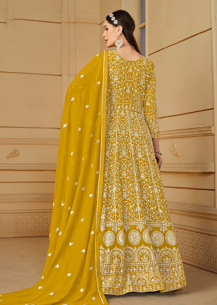 Buy Now Mustard Yellow Thread & Sequins Georgette Anarkali Suit Online in USA, UK, Australia, New Zealand, Canada & Worldwide at Empress Clothing. 