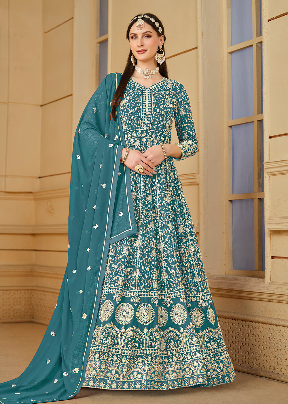 Buy Now Turquoise Thread & Sequins Georgette Anarkali Suit Online in USA, UK, Australia, New Zealand, Canada & Worldwide at Empress Clothing.