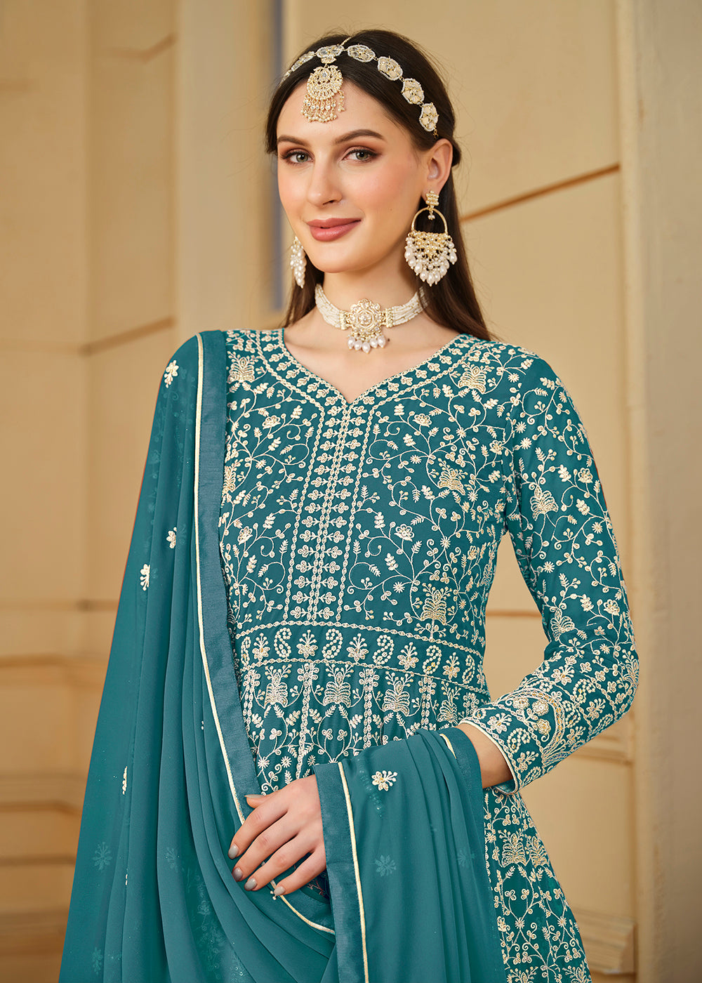 Buy Now Turquoise Thread & Sequins Georgette Anarkali Suit Online in USA, UK, Australia, New Zealand, Canada & Worldwide at Empress Clothing.