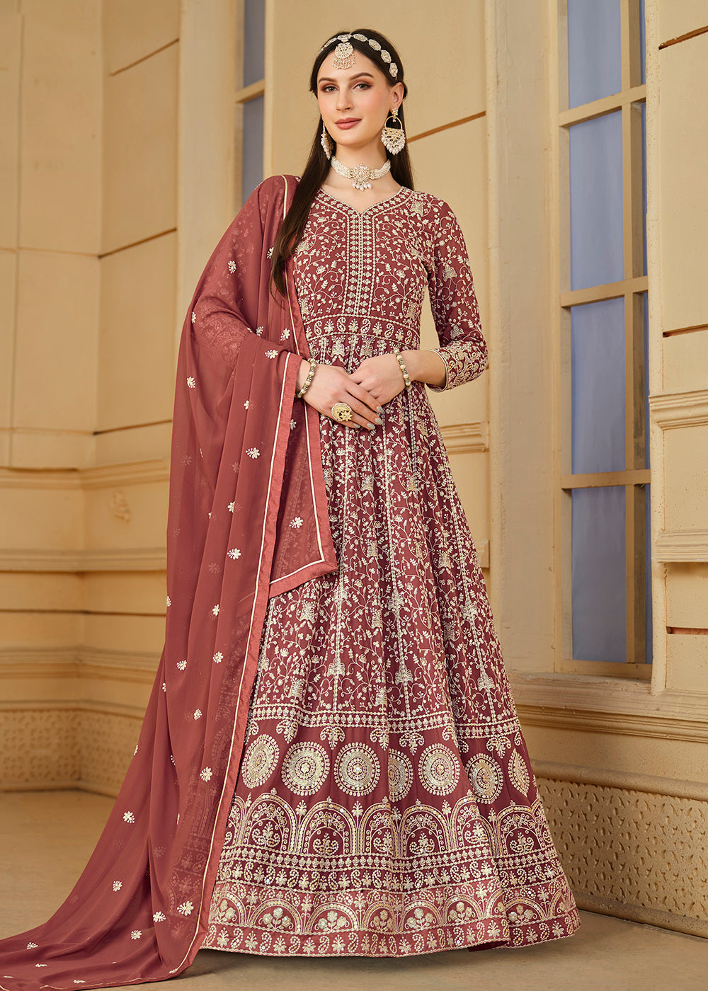 Buy Now Tangy Brown Thread & Sequins Georgette Anarkali Suit Online in USA, UK, Australia, New Zealand, Canada & Worldwide at Empress Clothing.