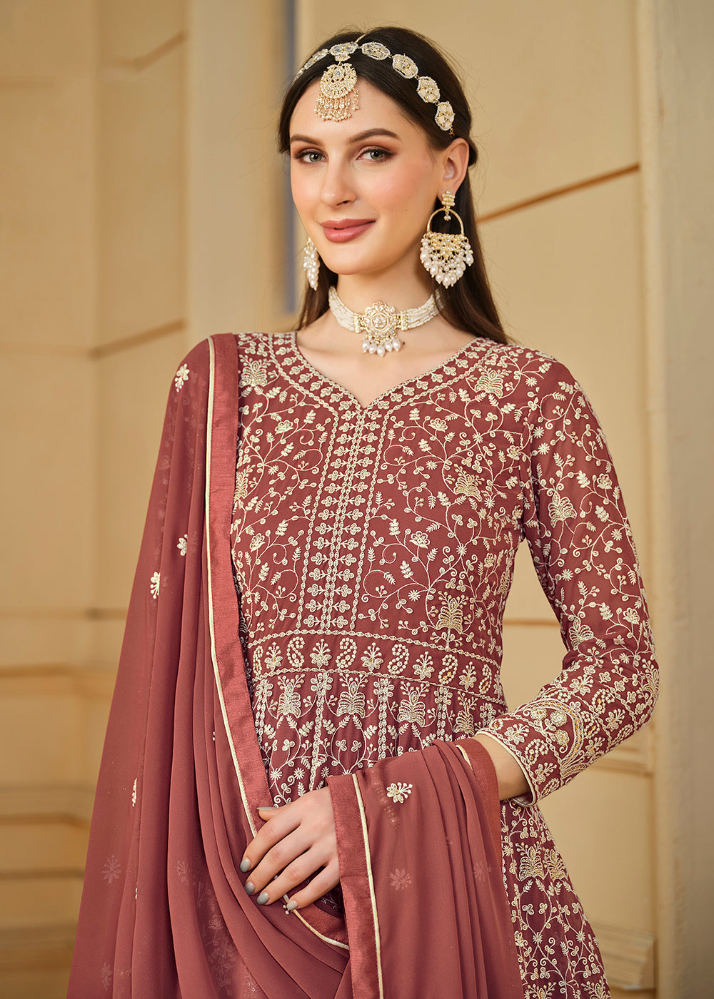 Buy Now Tangy Brown Thread & Sequins Georgette Anarkali Suit Online in USA, UK, Australia, New Zealand, Canada & Worldwide at Empress Clothing.