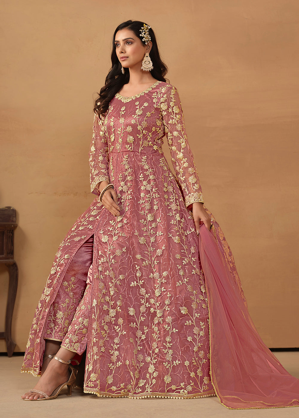 Buy Now Pant Style Coral Pink Embroidered Net Wedding Anarkali Suit Online in USA, UK, Australia, New Zealand, Canada & Worldwide at Empress Clothing. 