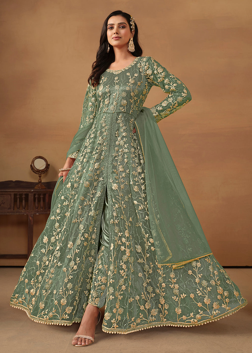 Buy Now Pant Style Sage Green Embroidered Net Wedding Anarkali Suit Online in USA, UK, Australia, New Zealand, Canada & Worldwide at Empress Clothing.