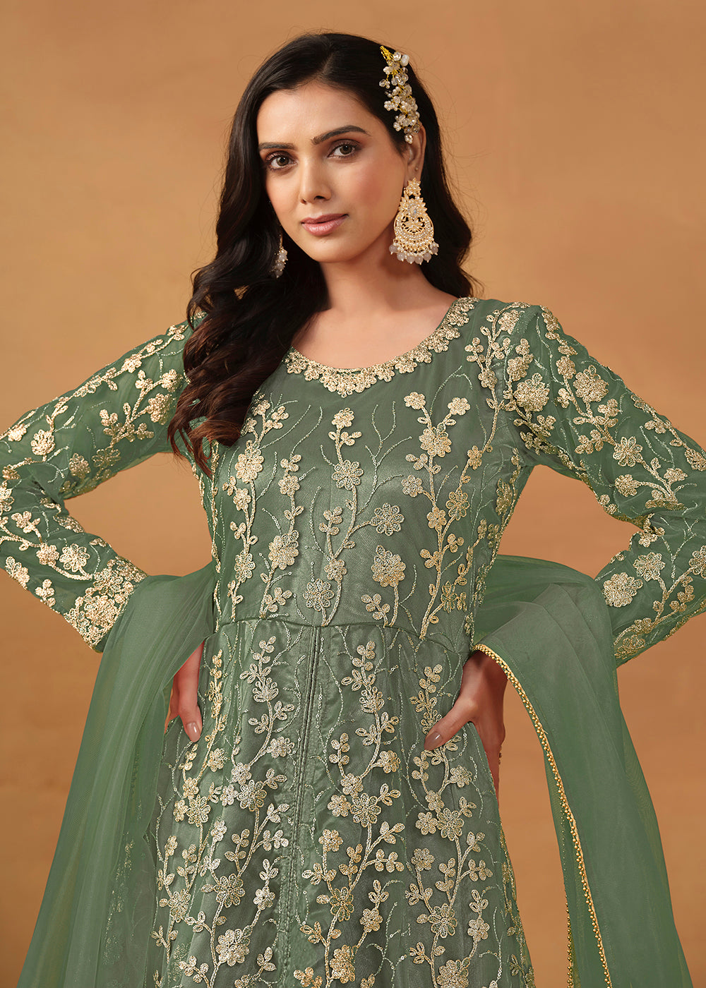 Wedding Anarkali - Pant Style Sage Green Embroidered Net Anarkali Suit Wedding Anarkali - Pant Style Sage Green Embroidered Net Anarkali Suit