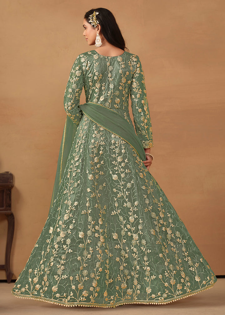 Buy Now Pant Style Sage Green Embroidered Net Wedding Anarkali Suit Online in USA, UK, Australia, New Zealand, Canada & Worldwide at Empress Clothing.