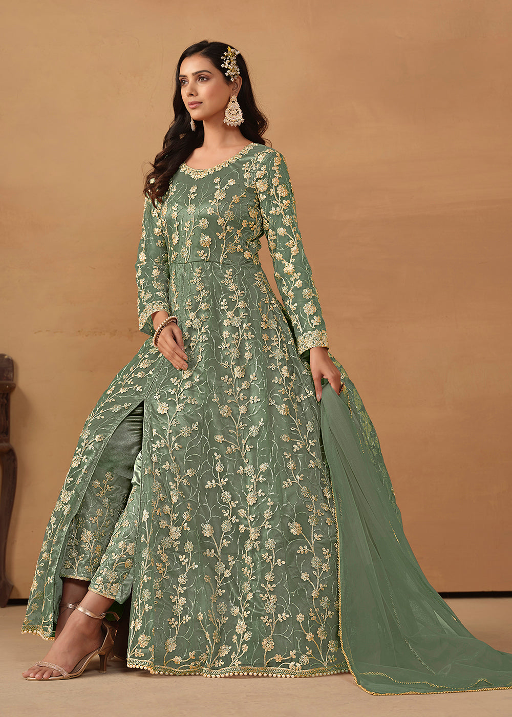 Wedding Anarkali - Pant Style Sage Green Embroidered Net Anarkali Suit Wedding Anarkali - Pant Style Sage Green Embroidered Net Anarkali Suit