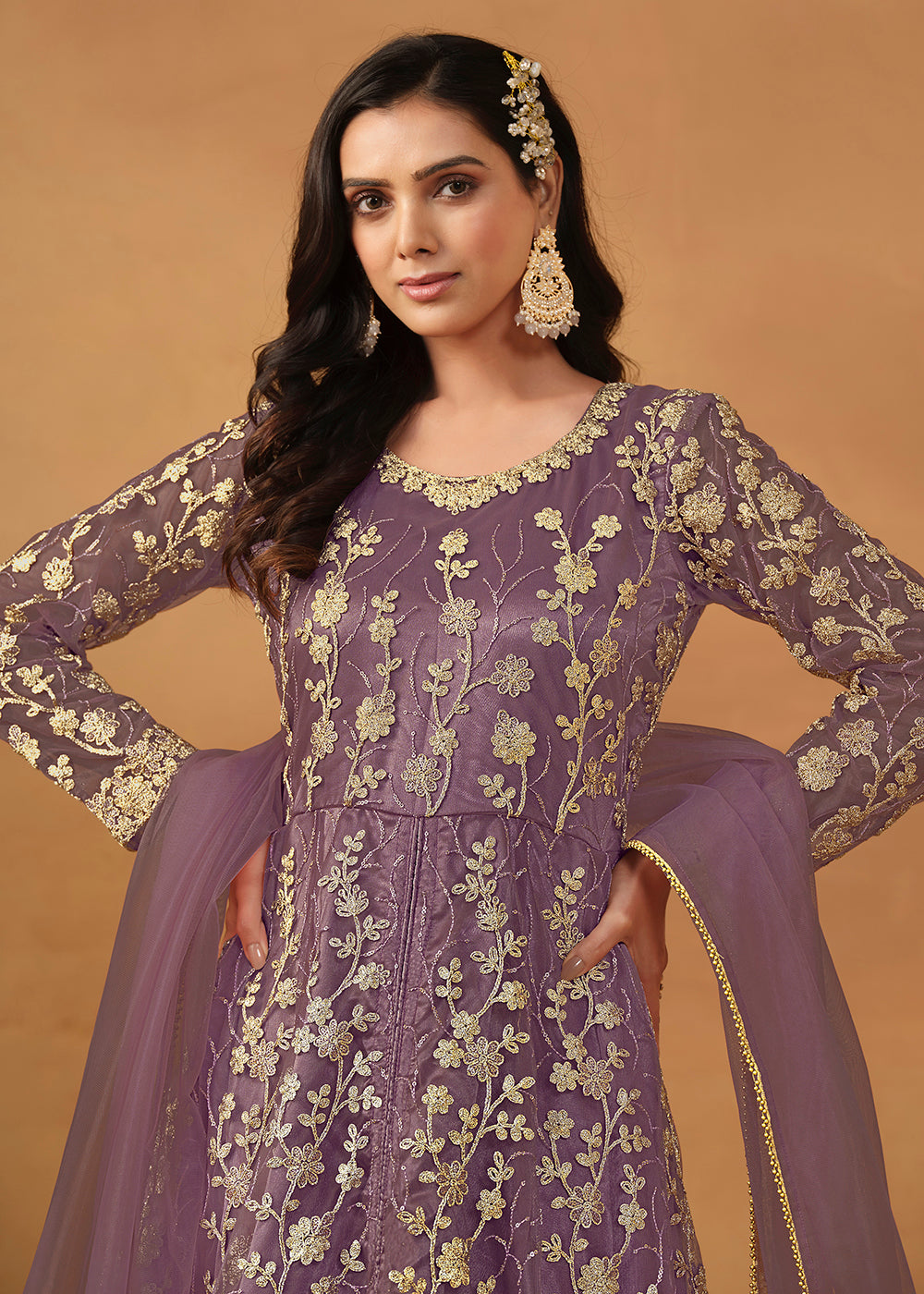 Buy Now Pant Style Purple Embroidered Net Wedding Anarkali Suit Online in USA, UK, Australia, New Zealand, Canada & Worldwide at Empress Clothing.