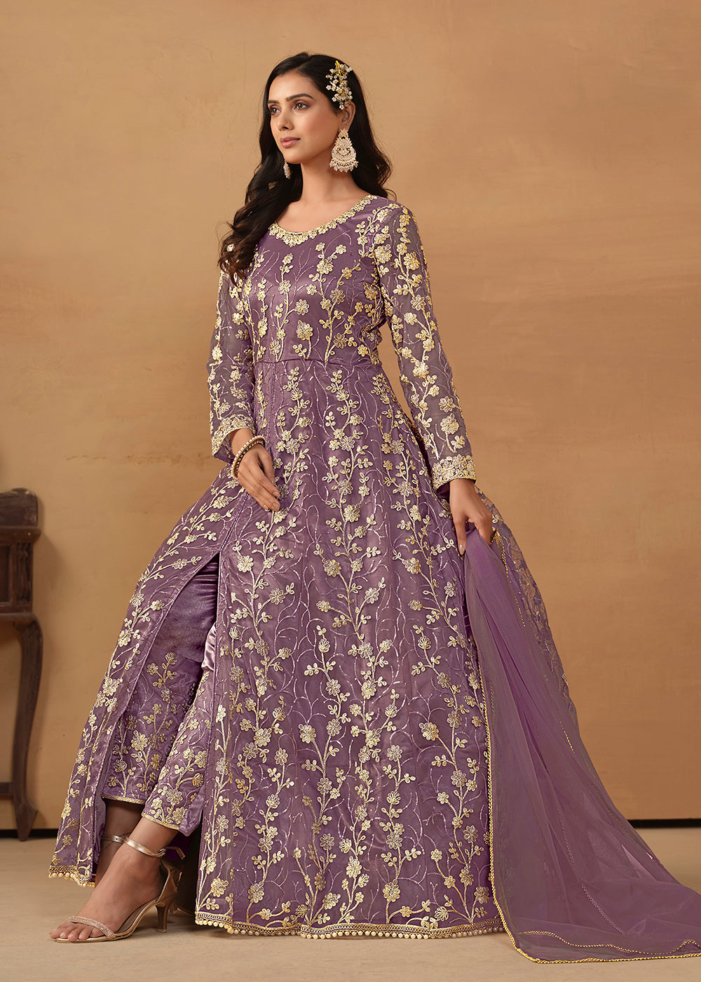Buy Now Pant Style Purple Embroidered Net Wedding Anarkali Suit Online in USA, UK, Australia, New Zealand, Canada & Worldwide at Empress Clothing.