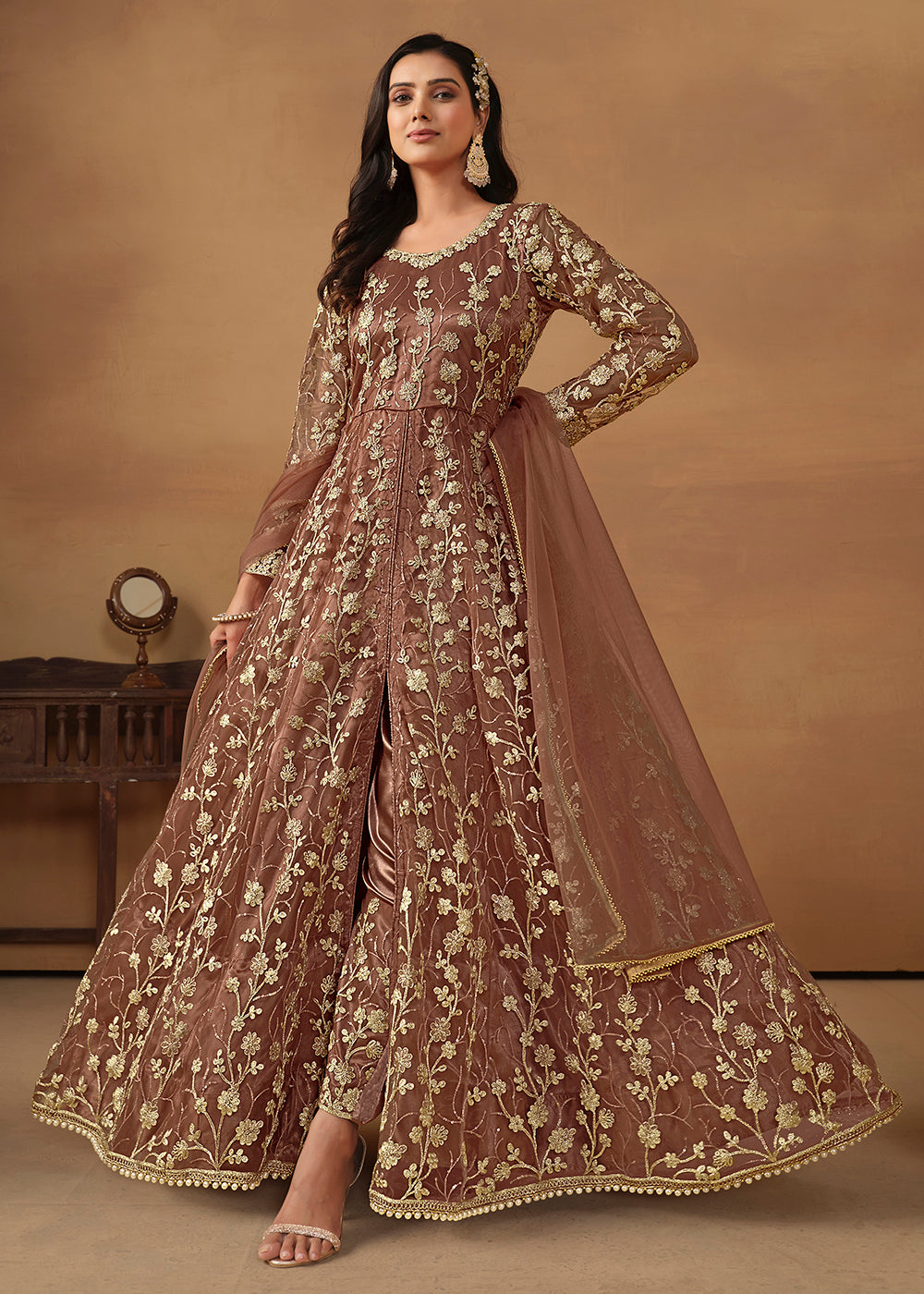 Buy Now Pant Style Snuff Brown Embroidered Net Wedding Anarkali Suit Online in USA, UK, Australia, New Zealand, Canada & Worldwide at Empress Clothing.
