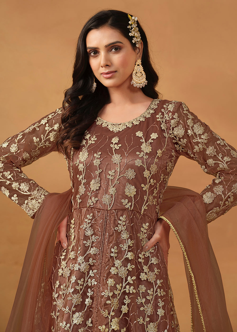 Buy Now Pant Style Snuff Brown Embroidered Net Wedding Anarkali Suit Online in USA, UK, Australia, New Zealand, Canada & Worldwide at Empress Clothing.
