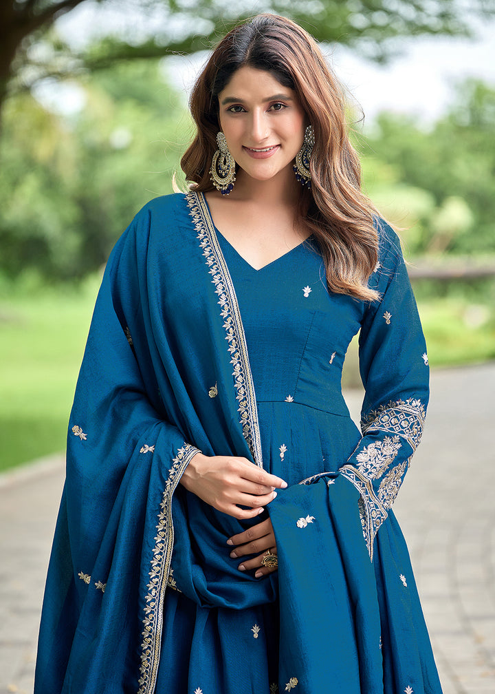 Buy Now Blue Art Silk Pretty Embroidered Work Festive Anarkali Gown Online in US, UK, Canada, France, Italy, Sweden, Ireland, Denmark &amp; Worldwide at Empress.