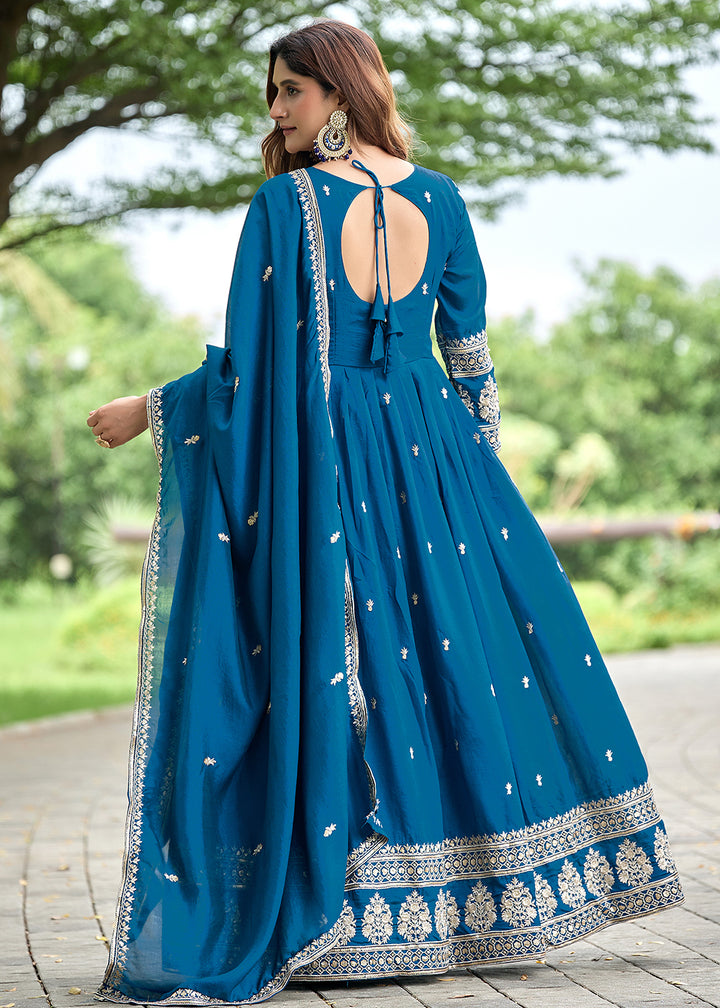 Buy Now Blue Art Silk Pretty Embroidered Work Festive Anarkali Gown Online in US, UK, Canada, France, Italy, Sweden, Ireland, Denmark &amp; Worldwide at Empress.