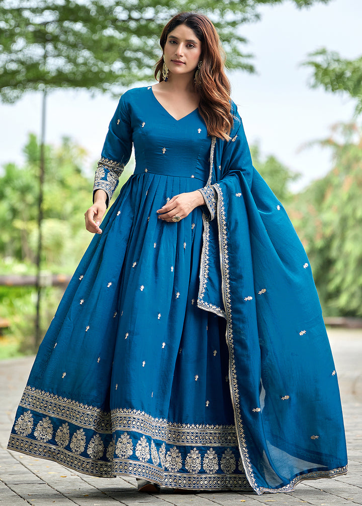 Buy Now Blue Art Silk Pretty Embroidered Work Festive Anarkali Gown Online in US, UK, Canada, France, Italy, Sweden, Ireland, Denmark &amp; Worldwide at Empress.