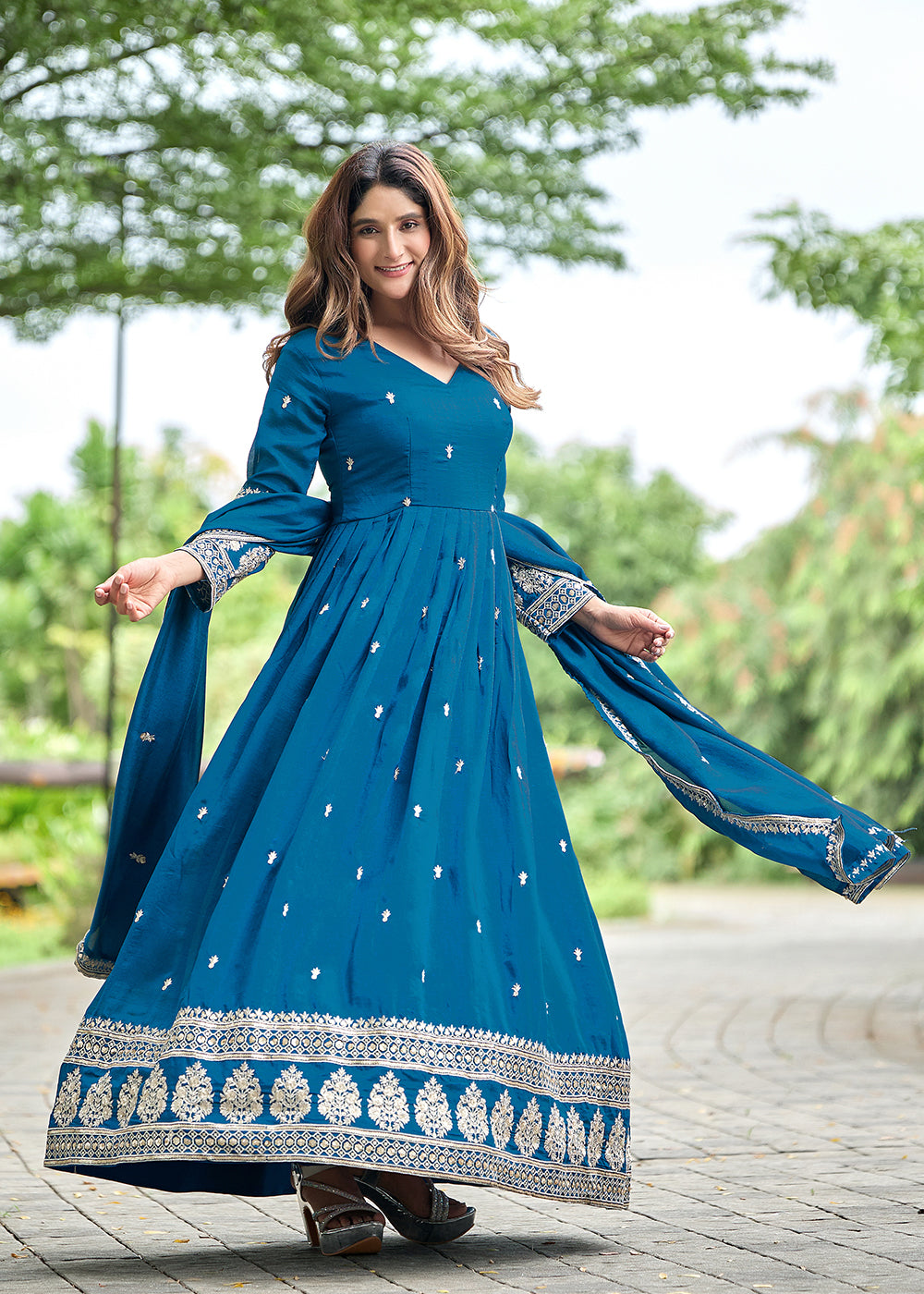 Buy Now Blue Art Silk Pretty Embroidered Work Festive Anarkali Gown Online in US, UK, Canada, France, Italy, Sweden, Ireland, Denmark &amp; Worldwide at Empress.