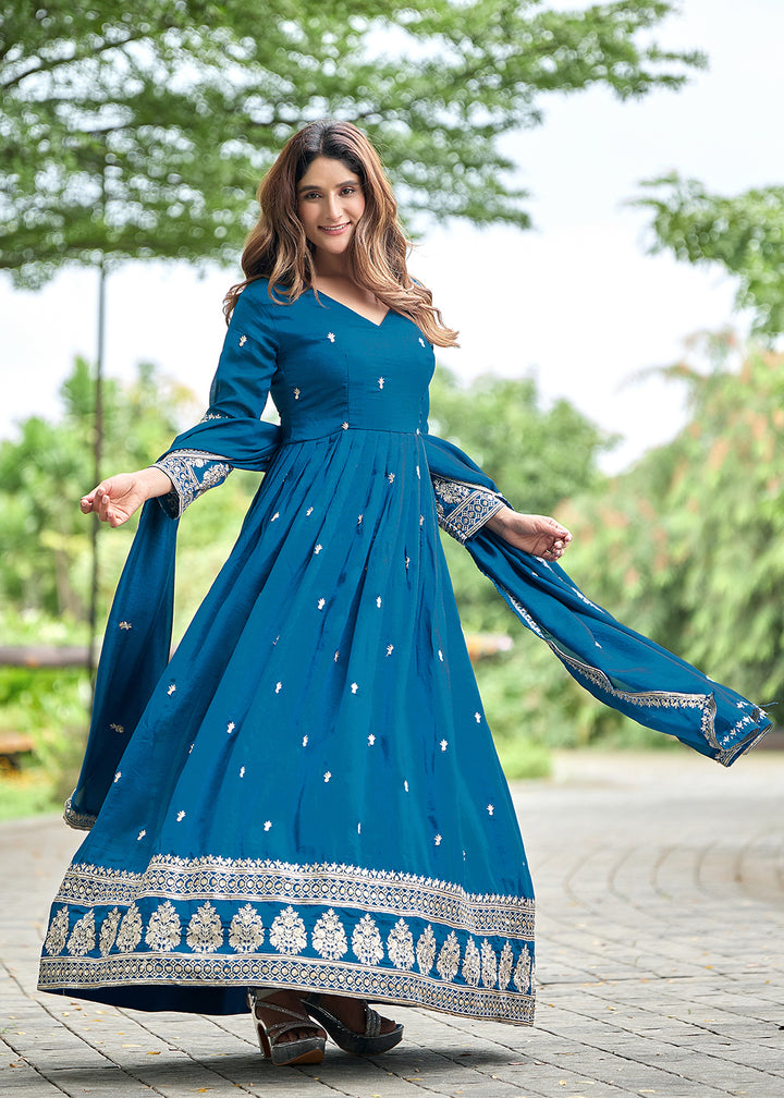 Buy Now Blue Art Silk Pretty Embroidered Work Festive Anarkali Gown Online in US, UK, Canada, France, Italy, Sweden, Ireland, Denmark &amp; Worldwide at Empress.